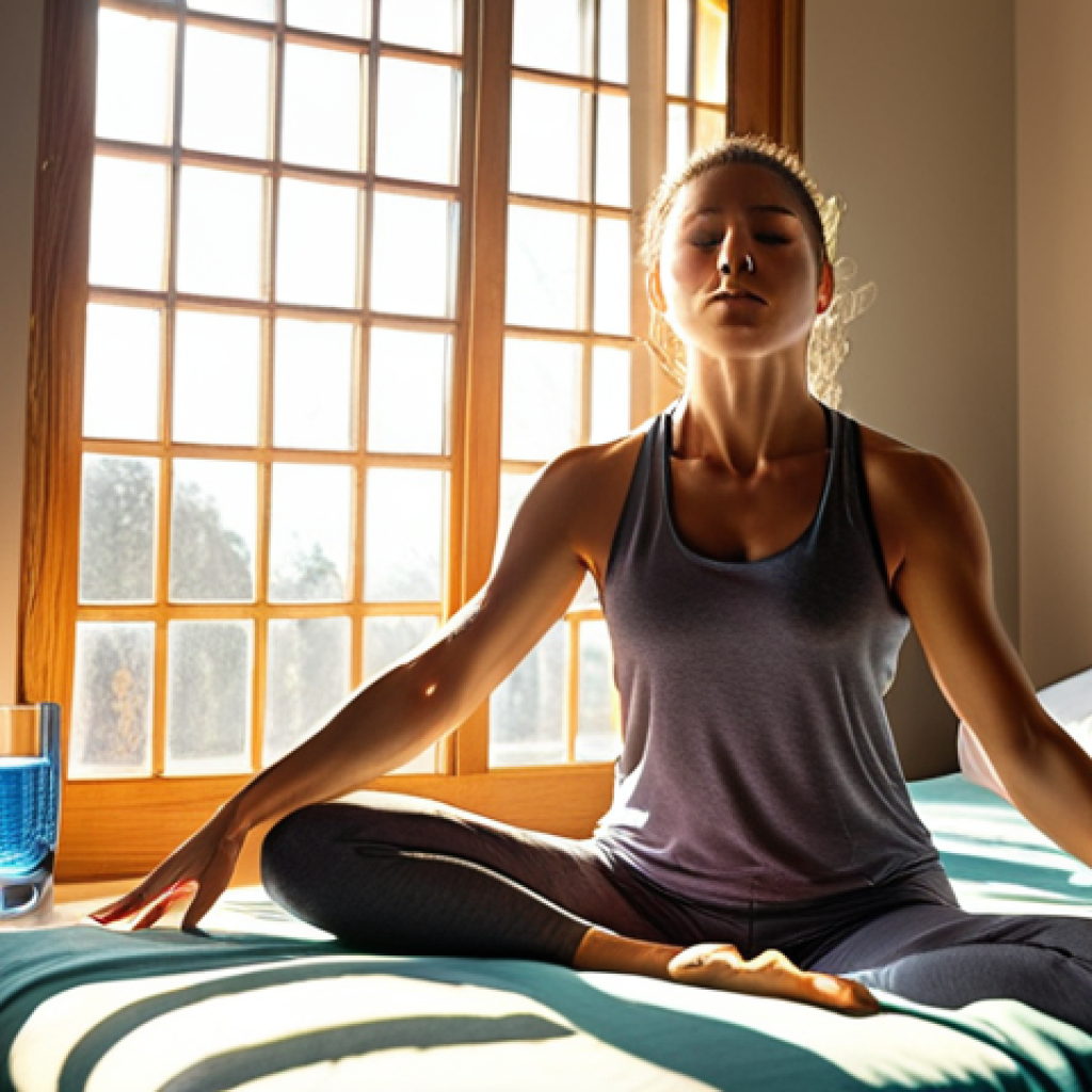 **

Prompt: "A vibrant morning scene featuring a fitness trainer waking up naturally, sunlight streaming through the window, a glass of water on the nightstand, and a serene meditation pose. Focus on calm, healthy, and refreshing."

**