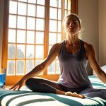 **

Prompt: "A vibrant morning scene featuring a fitness trainer waking up naturally, sunlight streaming through the window, a glass of water on the nightstand, and a serene meditation pose. Focus on calm, healthy, and refreshing."

**