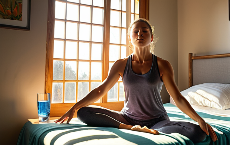**

Prompt: "A vibrant morning scene featuring a fitness trainer waking up naturally, sunlight streaming through the window, a glass of water on the nightstand, and a serene meditation pose. Focus on calm, healthy, and refreshing."

**