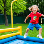 A joyful 7-year-old child, with a wide, happy smile, actively engaged in a playful outdoor obstacle course, jumping over a small, soft hurdle. The scene conveys a sense of adventure and discovery, like a 'secret treasure hunt'. The child is fully clothed in brightly colored, modest athletic wear (t-shirt, shorts, sneakers), appropriate for active play. The background is a sunny, green park with child-friendly play equipment. Professional photography, high quality, vibrant colors, natural lighting, perfect anatomy, correct proportions, natural pose, well-formed hands, proper finger count, natural body proportions, safe for work, appropriate content, fully clothed, family-friendly.