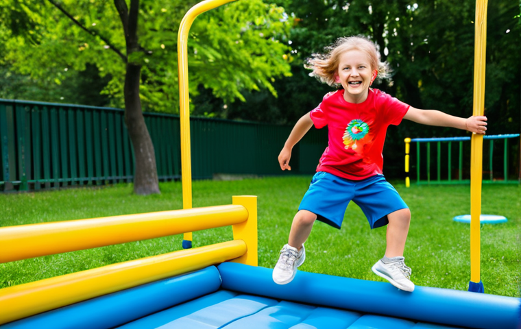 A joyful 7-year-old child, with a wide, happy smile, actively engaged in a playful outdoor obstacle course, jumping over a small, soft hurdle. The scene conveys a sense of adventure and discovery, like a 'secret treasure hunt'. The child is fully clothed in brightly colored, modest athletic wear (t-shirt, shorts, sneakers), appropriate for active play. The background is a sunny, green park with child-friendly play equipment. Professional photography, high quality, vibrant colors, natural lighting, perfect anatomy, correct proportions, natural pose, well-formed hands, proper finger count, natural body proportions, safe for work, appropriate content, fully clothed, family-friendly.