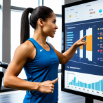 A diverse, professional fitness coach, fully clothed in modest, modern athletic wear, interacting empathetically with a client in a bright, clean, state-of-the-art fitness center. The coach is pointing towards a large screen displaying fitness data and charts, illustrating a data-driven approach. The client is actively listening, engaged in a natural pose. The scene emphasizes personalized coaching and the use of wearable technology. Soft, professional lighting. Perfect anatomy, correct proportions, well-formed hands, proper finger count, natural body proportions. Safe for work, appropriate content, fully clothed, professional.