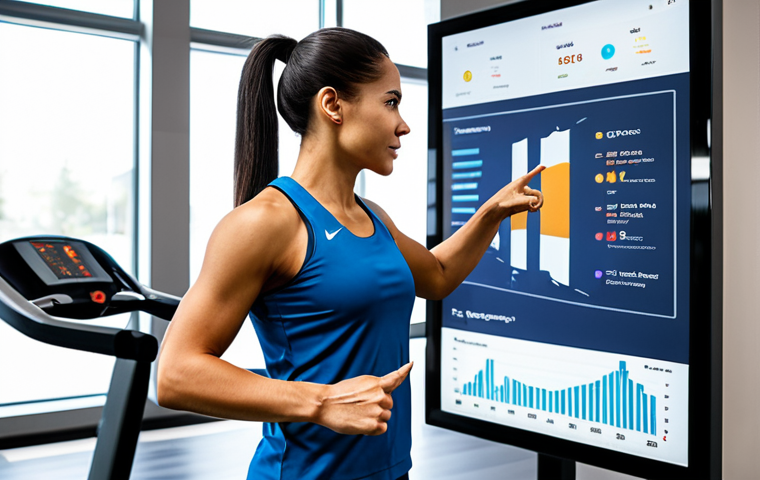 A diverse, professional fitness coach, fully clothed in modest, modern athletic wear, interacting empathetically with a client in a bright, clean, state-of-the-art fitness center. The coach is pointing towards a large screen displaying fitness data and charts, illustrating a data-driven approach. The client is actively listening, engaged in a natural pose. The scene emphasizes personalized coaching and the use of wearable technology. Soft, professional lighting. Perfect anatomy, correct proportions, well-formed hands, proper finger count, natural body proportions. Safe for work, appropriate content, fully clothed, professional.