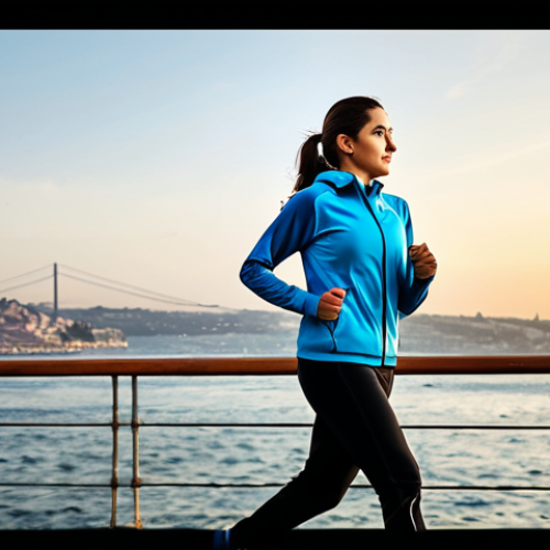 Home 20 **
"A professional Turkish woman in modest, stylish sportswear, jogging along the Bosphorus at sunrise, fully clothed, appropriate attire, safe for work, perfect anatomy, natural proportions, professional photography, high quality, Istanbul skyline in the background, motivational quote about health and fitness in Turkish subtly overlaid."
**