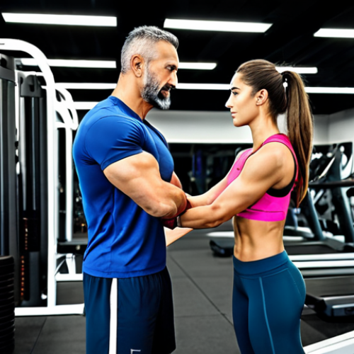 Home 19 **A professional looking Turkish personal trainer (헬스트레이너) in a modern gym setting,** providing guidance to a client. Both are fully clothed in appropriate athletic wear. The gym is clean and well-lit. Focus on perfect anatomy and natural proportions. Safe for work, appropriate content, professional, family-friendly.