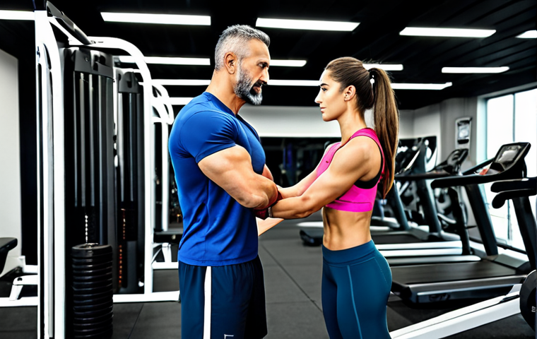 **A professional looking Turkish personal trainer (헬스트레이너) in a modern gym setting,** providing guidance to a client. Both are fully clothed in appropriate athletic wear. The gym is clean and well-lit. Focus on perfect anatomy and natural proportions. Safe for work, appropriate content, professional, family-friendly.