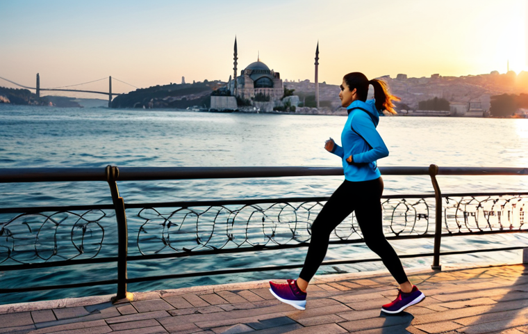 헬스트레이너 개인 브랜딩 방법 - **Prompt:** A vibrant Turkish woman in stylish sportswear, jogging along the Bosphorus at sunrise, I...
